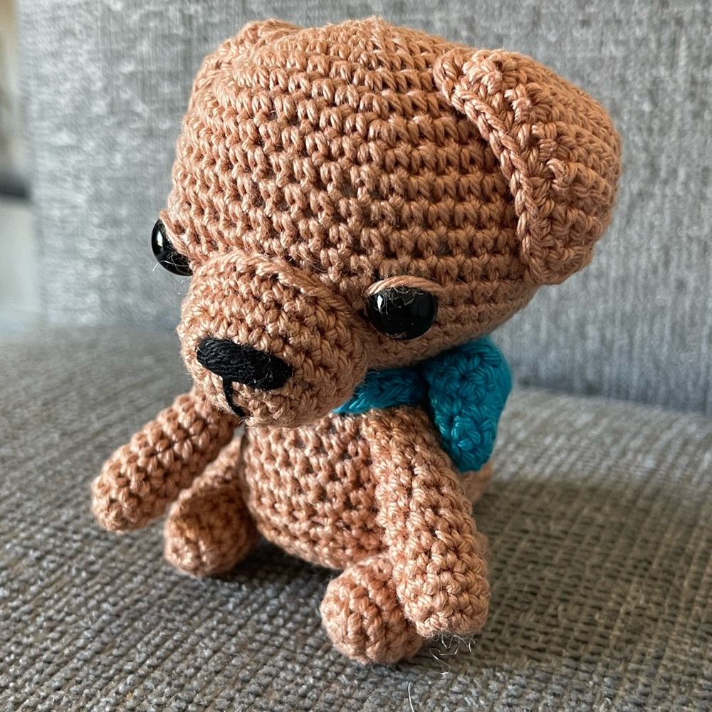 Handcrafted Golden Retriever Lab Puppy Dog with Bow Amigurumi Crochet Figure Pet